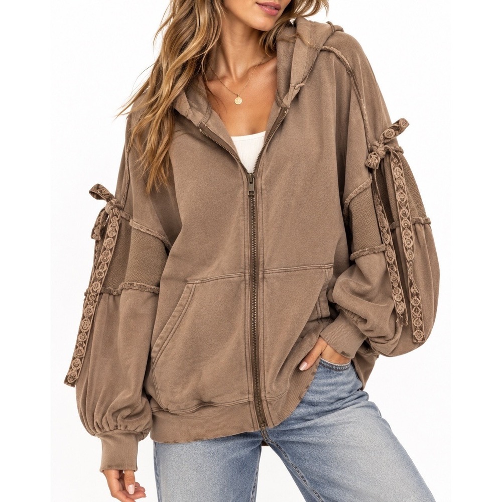 Free People Bow Girl Hoodie M Brown Balloon Sleeve Zip Sweatshirt